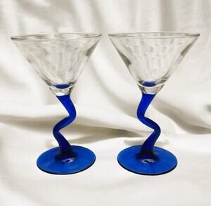 Vintage Libbey Cobalt Zig Zag Stem Pair of Martini Glasses